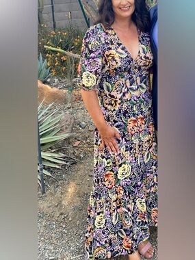 Floral V-Neck High Low Midi Dress in Black and Pastel Bouquet